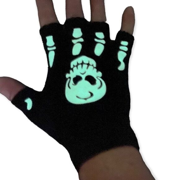 Raves Glow In The Dark Skeleton Bones Black Knit Arm Warmers Gloves NEW - Picture 2 of 4